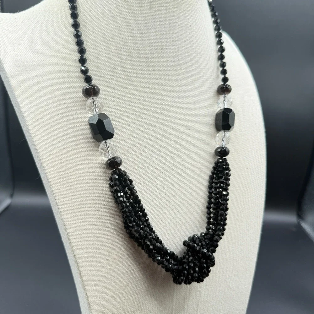 Black Faceted Bead Multi Strand Statement Necklace Knotted Gothic Cocktail Gift